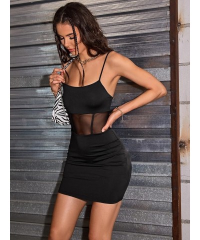 Women's Contrast Mesh Spaghetti Strap Mini Bodycon Cami Dress Black $15.92 Dresses