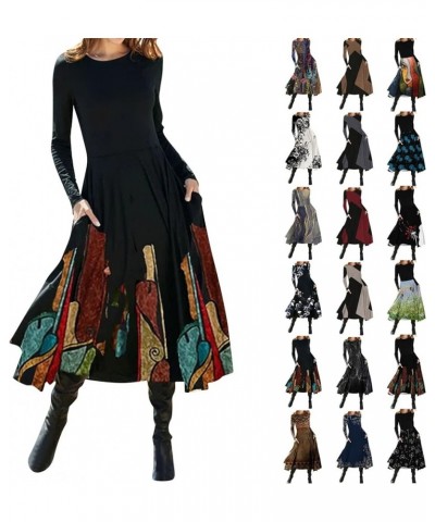 Women Casual Dress Fall Dresses for Women 2022 Fashion Retro Printed Round Neck Flowy Long Sleeve Prom Dresses 02-green $20.9...