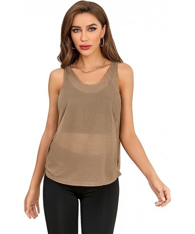 Women's Sleeveless Scoop Neck Shirt Contract Mesh Racerback Tank Top Coffee Brown $13.69 Tanks