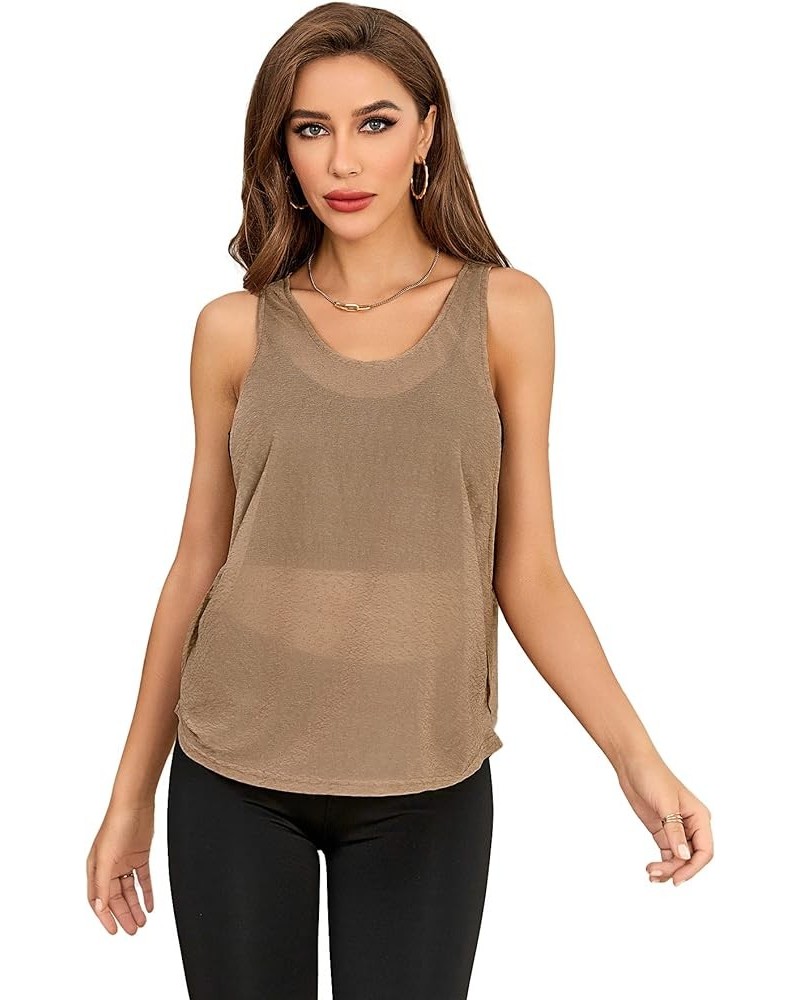 Women's Sleeveless Scoop Neck Shirt Contract Mesh Racerback Tank Top Coffee Brown $13.69 Tanks