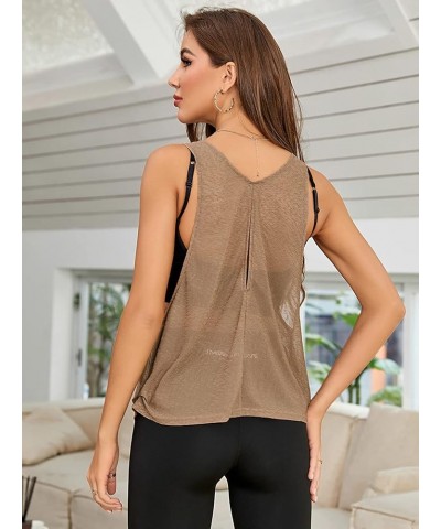 Women's Sleeveless Scoop Neck Shirt Contract Mesh Racerback Tank Top Coffee Brown $13.69 Tanks