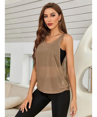 Women's Sleeveless Scoop Neck Shirt Contract Mesh Racerback Tank Top Coffee Brown $13.69 Tanks