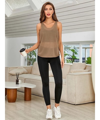 Women's Sleeveless Scoop Neck Shirt Contract Mesh Racerback Tank Top Coffee Brown $13.69 Tanks