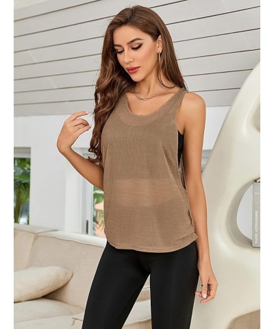 Women's Sleeveless Scoop Neck Shirt Contract Mesh Racerback Tank Top Coffee Brown $13.69 Tanks