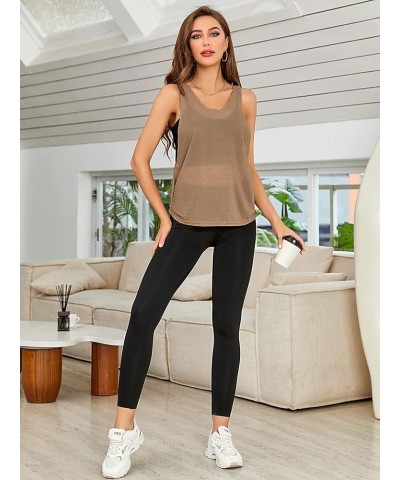 Women's Sleeveless Scoop Neck Shirt Contract Mesh Racerback Tank Top Coffee Brown $13.69 Tanks