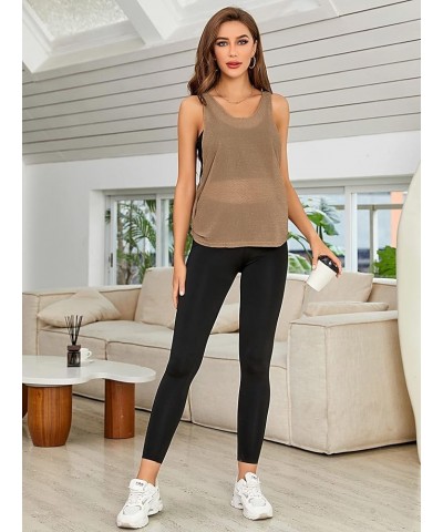 Women's Sleeveless Scoop Neck Shirt Contract Mesh Racerback Tank Top Coffee Brown $13.69 Tanks