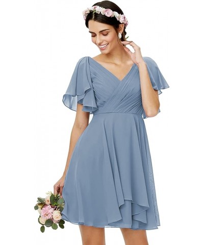 V Neck Short Bridesmaid Dresses with Ruffle Sleeves Chiffon A Line Formal Evening Gowns Dusty Blue $20.50 Dresses