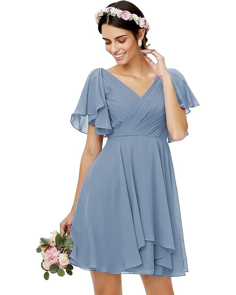 V Neck Short Bridesmaid Dresses with Ruffle Sleeves Chiffon A Line Formal Evening Gowns Dusty Blue $20.50 Dresses