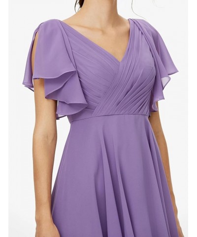 V Neck Short Bridesmaid Dresses with Ruffle Sleeves Chiffon A Line Formal Evening Gowns Dusty Blue $20.50 Dresses