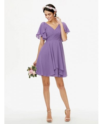 V Neck Short Bridesmaid Dresses with Ruffle Sleeves Chiffon A Line Formal Evening Gowns Dusty Blue $20.50 Dresses