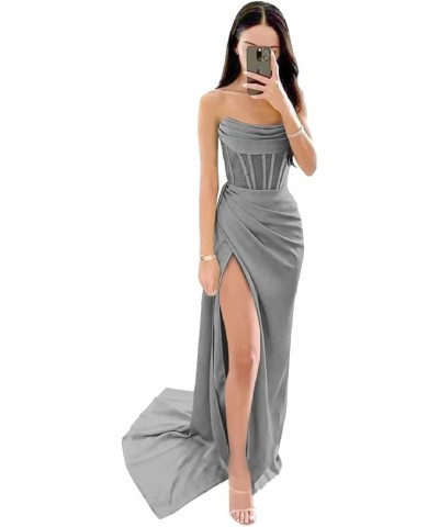 Strapless Corset Prom Dresses for Women Long Satin Mermaid Ruched Cowl Neck Formal Evening Gowns with Slit 2024 Grey $35.09 O...