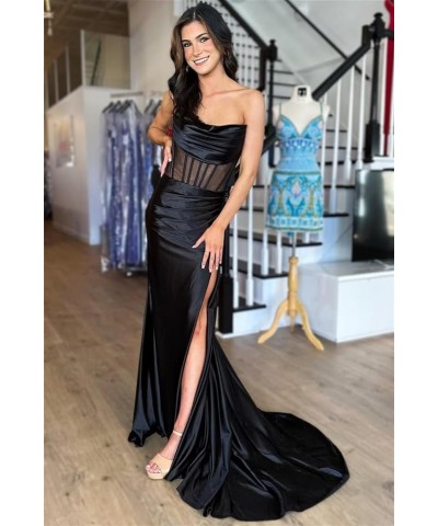 Strapless Corset Prom Dresses for Women Long Satin Mermaid Ruched Cowl Neck Formal Evening Gowns with Slit 2024 Grey $35.09 O...