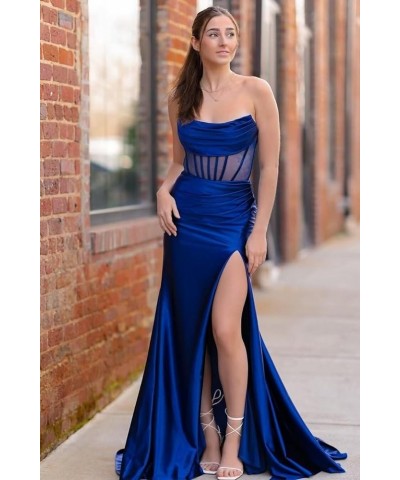 Strapless Corset Prom Dresses for Women Long Satin Mermaid Ruched Cowl Neck Formal Evening Gowns with Slit 2024 Grey $35.09 O...