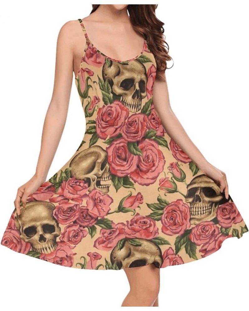 Strappy Dress Sleeveless Spaghetti Shoulder Strap Cami Dress Backless Beach Dress Skull Red Rose $10.43 Dresses