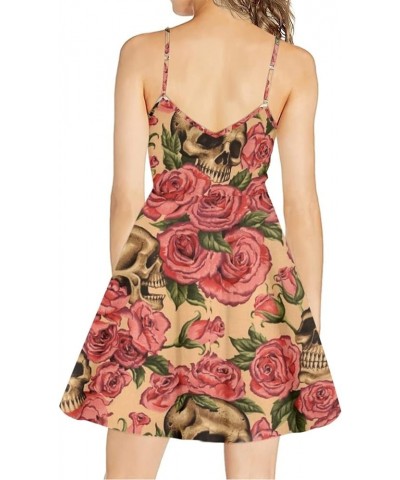 Strappy Dress Sleeveless Spaghetti Shoulder Strap Cami Dress Backless Beach Dress Skull Red Rose $10.43 Dresses