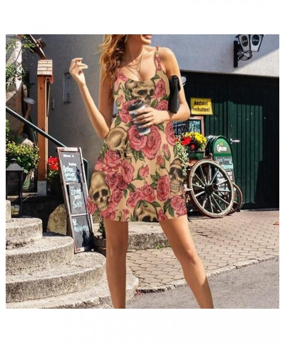 Strappy Dress Sleeveless Spaghetti Shoulder Strap Cami Dress Backless Beach Dress Skull Red Rose $10.43 Dresses