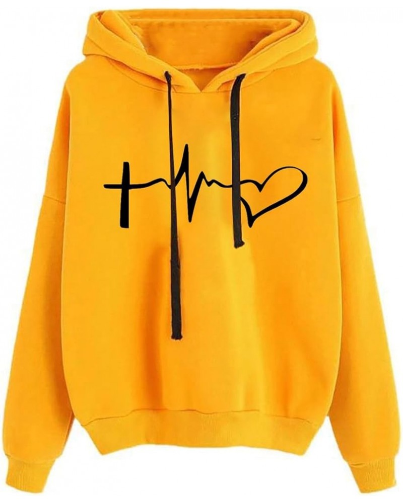 Hoodies For Women Y2K Heart Print Long Sleeve Drawstring Pullover Tops Teen Girls Trendy Loose Casual Hooded Sweatshirt Yello...