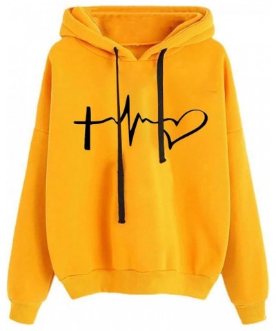 Hoodies For Women Y2K Heart Print Long Sleeve Drawstring Pullover Tops Teen Girls Trendy Loose Casual Hooded Sweatshirt Yello...