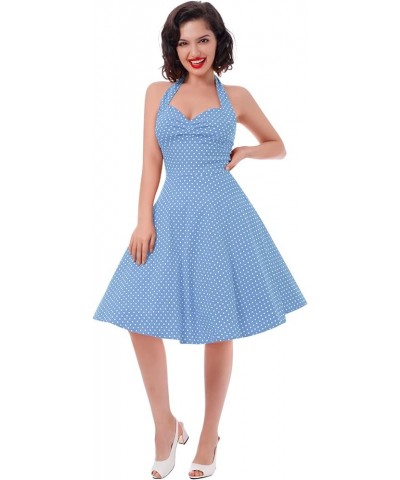 1950 Style Dresses for Women Vintage 50's Halter Dresses Retro Gingham Polka Dot Pin Up Dresses Blue $10.06 Dresses