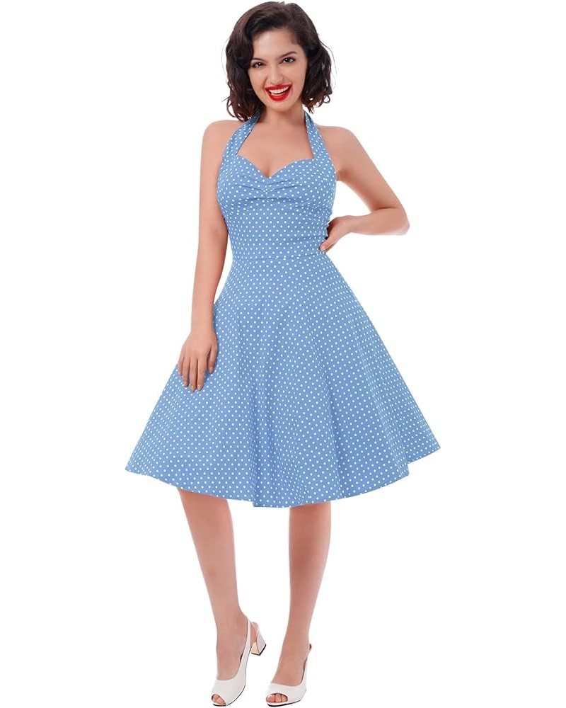 1950 Style Dresses for Women Vintage 50's Halter Dresses Retro Gingham Polka Dot Pin Up Dresses Blue $10.06 Dresses