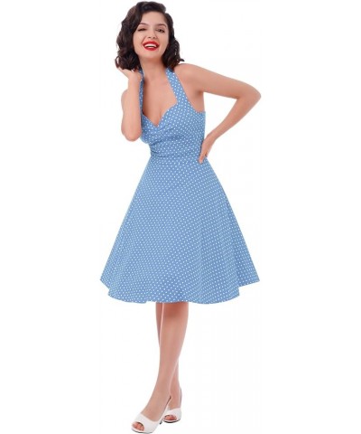 1950 Style Dresses for Women Vintage 50's Halter Dresses Retro Gingham Polka Dot Pin Up Dresses Blue $10.06 Dresses