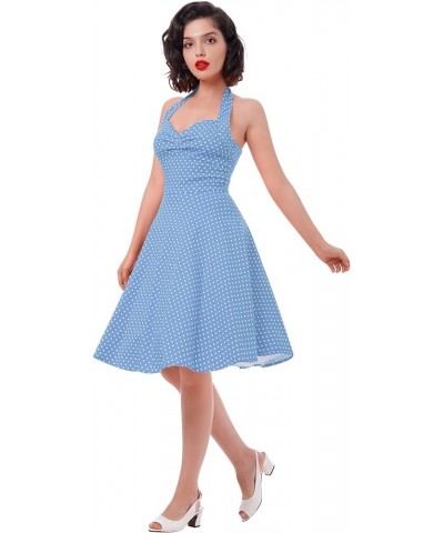 1950 Style Dresses for Women Vintage 50's Halter Dresses Retro Gingham Polka Dot Pin Up Dresses Blue $10.06 Dresses