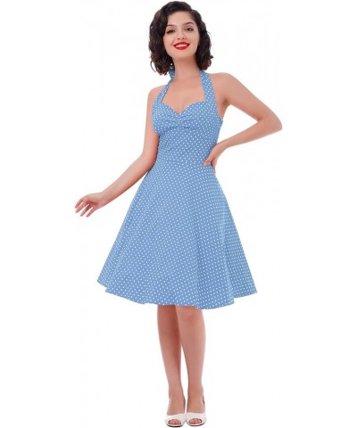 1950 Style Dresses for Women Vintage 50's Halter Dresses Retro Gingham Polka Dot Pin Up Dresses Blue $10.06 Dresses