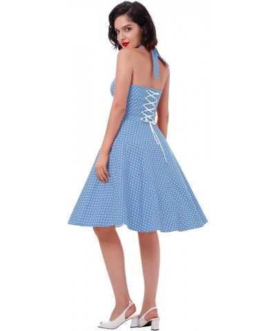 1950 Style Dresses for Women Vintage 50's Halter Dresses Retro Gingham Polka Dot Pin Up Dresses Blue $10.06 Dresses