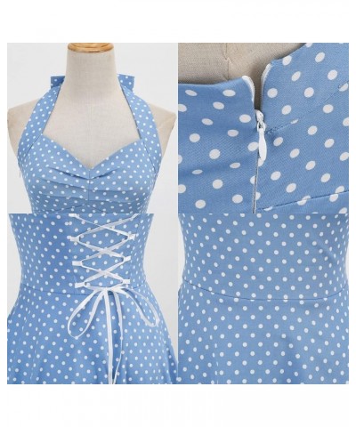 1950 Style Dresses for Women Vintage 50's Halter Dresses Retro Gingham Polka Dot Pin Up Dresses Blue $10.06 Dresses