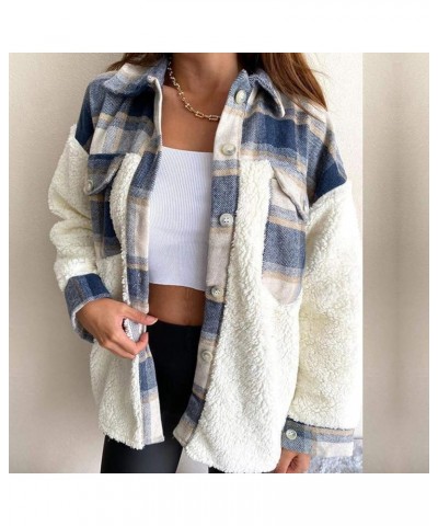 Stylish Color Block Shacket for Women Warm Comfy Flannel Jackets Lapel Button up Long Sleeve Coat with Pockets Blue $16.23 Sh...