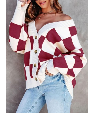 Womens Plaid V Neck Button Down Long Sleeve Cable Knit Oversized Cardigan Sweaters Tops Red $19.35 Sweaters