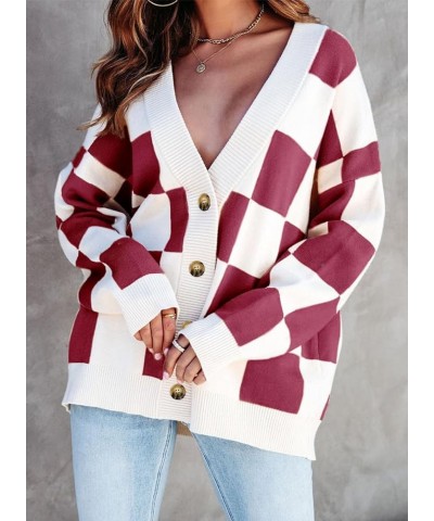 Womens Plaid V Neck Button Down Long Sleeve Cable Knit Oversized Cardigan Sweaters Tops Red $19.35 Sweaters