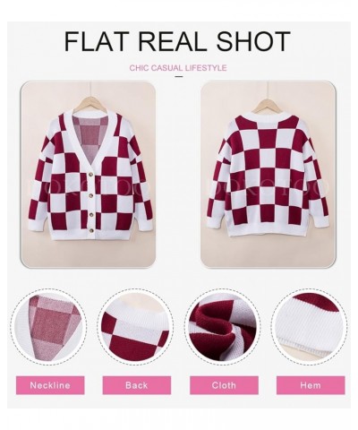 Womens Plaid V Neck Button Down Long Sleeve Cable Knit Oversized Cardigan Sweaters Tops Red $19.35 Sweaters