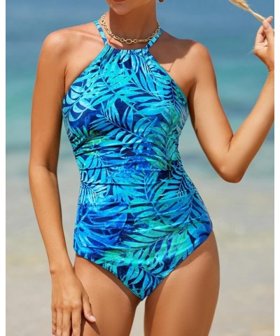 Women High Neck One Piece Swimsuit Tummy Control Bathing Suit Criss Cross Swimwear Blue Leaf $17.15 Swimsuits