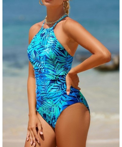 Women High Neck One Piece Swimsuit Tummy Control Bathing Suit Criss Cross Swimwear Blue Leaf $17.15 Swimsuits