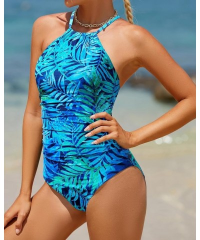 Women High Neck One Piece Swimsuit Tummy Control Bathing Suit Criss Cross Swimwear Blue Leaf $17.15 Swimsuits