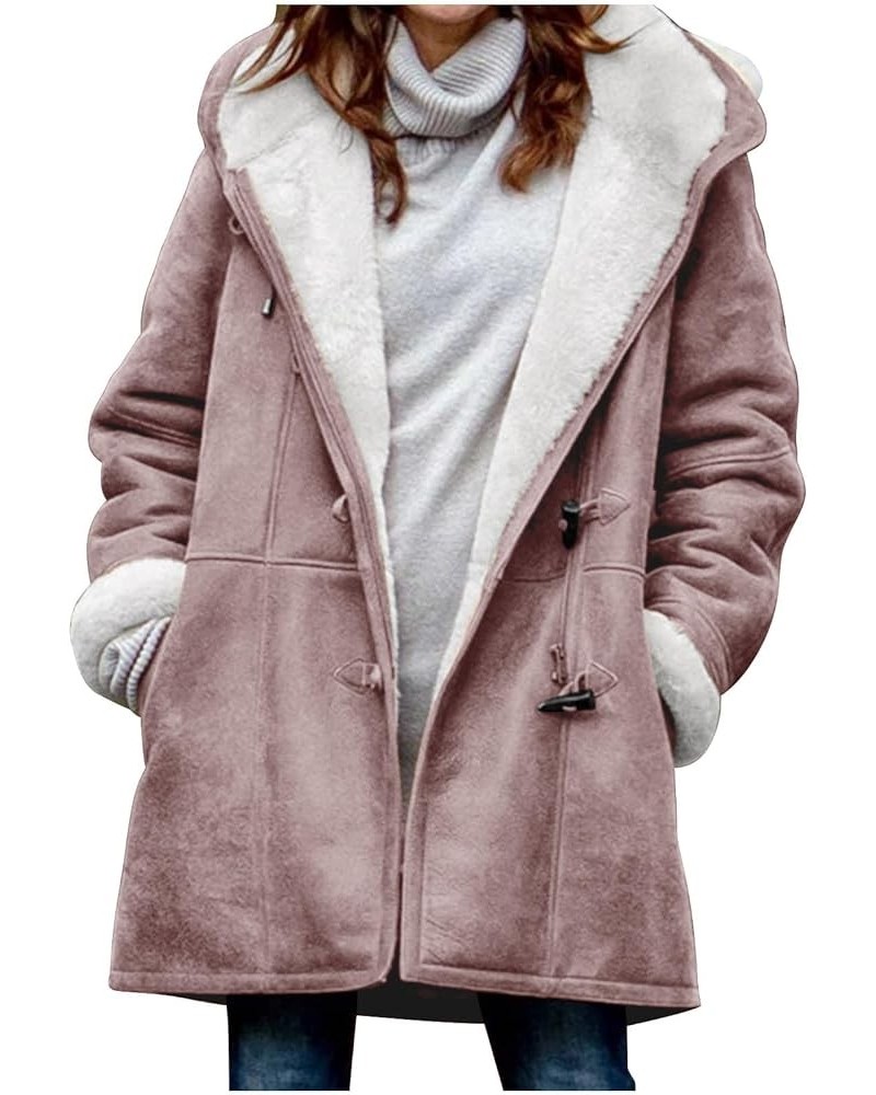 Women's Winter Warm Sherpa Lined Jackets Soft Fuzzy Fleece Long Hoodie Sweatshirt Horn Button Coats for Cold Weather Pink $13...