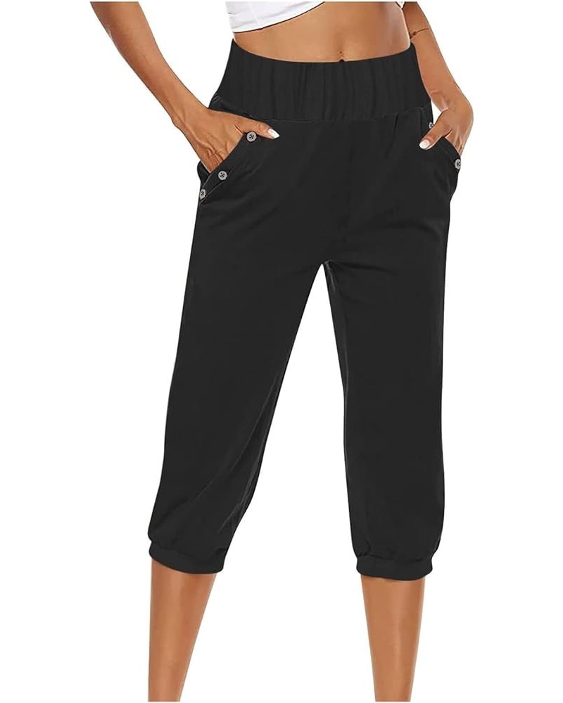 Capri Pants for Women Summer Casual Drawstring Lounge Linen Pants with Pockets Plus Size High Waist Straight Trousers 11 Blac...