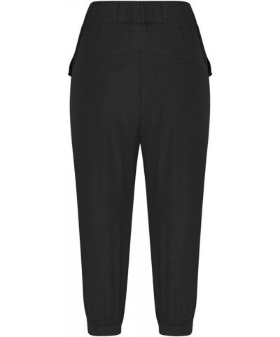 Capri Pants for Women Summer Casual Drawstring Lounge Linen Pants with Pockets Plus Size High Waist Straight Trousers 11 Blac...