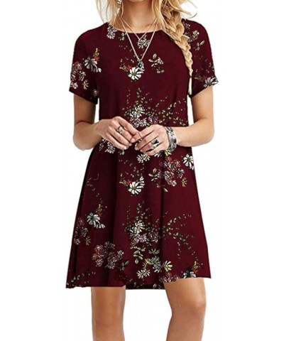 Women Short Sleeve Loose Casual T-Shirt Tops Summer Crewneck Swing Dress Plus Size Wine Red Flo $11.50 Dresses