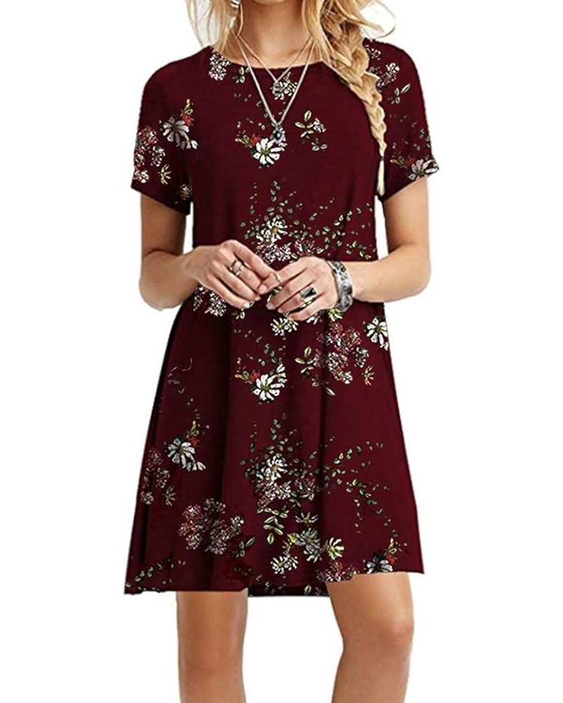 Women Short Sleeve Loose Casual T-Shirt Tops Summer Crewneck Swing Dress Plus Size Wine Red Flo $11.50 Dresses