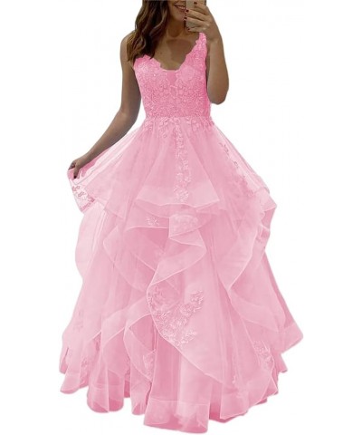 Fluffy Layered Prom Dresses Long Ball Gown for Girls Lace Applique V Neck Tulle Formal Evening Dress A Line Pink $41.30 Dresses