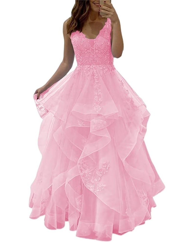 Fluffy Layered Prom Dresses Long Ball Gown for Girls Lace Applique V Neck Tulle Formal Evening Dress A Line Pink $41.30 Dresses