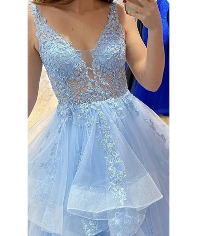 Fluffy Layered Prom Dresses Long Ball Gown for Girls Lace Applique V Neck Tulle Formal Evening Dress A Line Pink $41.30 Dresses