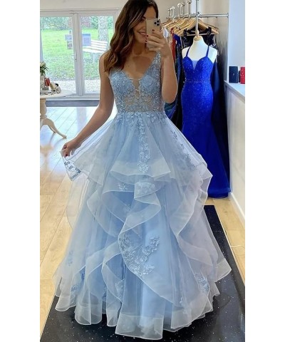 Fluffy Layered Prom Dresses Long Ball Gown for Girls Lace Applique V Neck Tulle Formal Evening Dress A Line Pink $41.30 Dresses