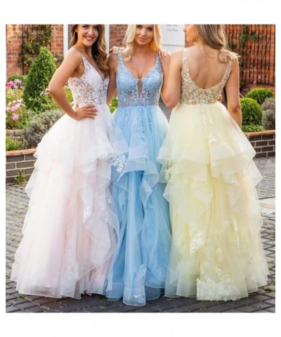 Fluffy Layered Prom Dresses Long Ball Gown for Girls Lace Applique V Neck Tulle Formal Evening Dress A Line Pink $41.30 Dresses