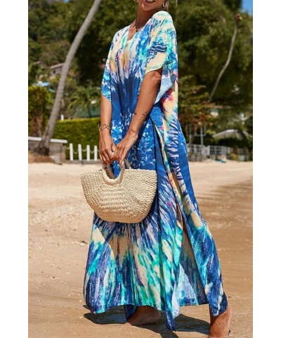 Women's Summer Long Beach Dress Kimono Maxi Kaftan Cover ups A Blue Khaki Green $16.79 Swimsuits