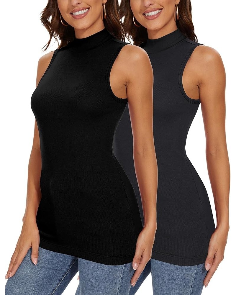 Sleeveless Mock Turtleneck Shirts for Women Cotton Ribbed Tank Tops Stretch Fitted Base Tee Tops 2 Packs Black/Dark Grey $15....