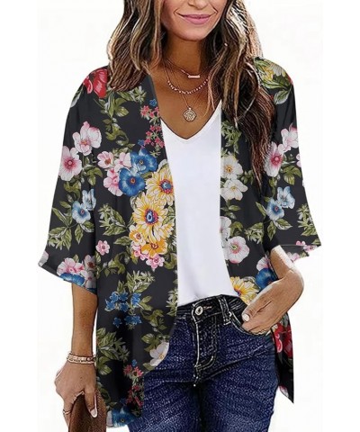 Women's 3/4 Sleeve Floral Print Kimono Sheer Chiffon Loose Cardigan S-3XXL Black Chrysanthemum $12.71 Sweaters