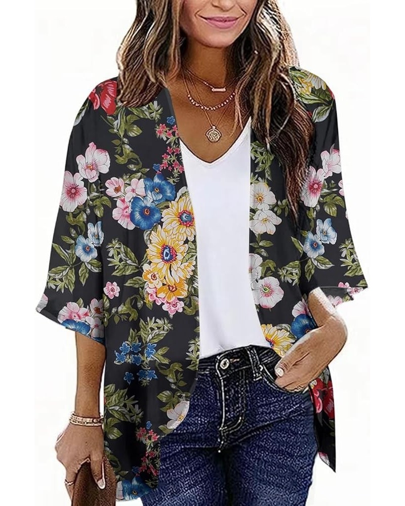 Women's 3/4 Sleeve Floral Print Kimono Sheer Chiffon Loose Cardigan S-3XXL Black Chrysanthemum $12.71 Sweaters